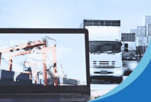 image of close up of computer screen with various modes of transport involved n import and export including planes, ships, and lorrys. Behind the screen is a scene of lorries