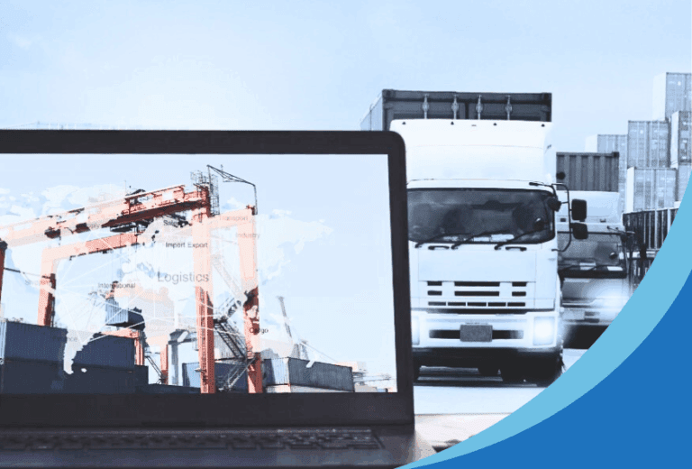 image of close up of computer screen with various modes of transport involved n import and export including planes, ships, and lorrys. Behind the screen is a scene of lorries